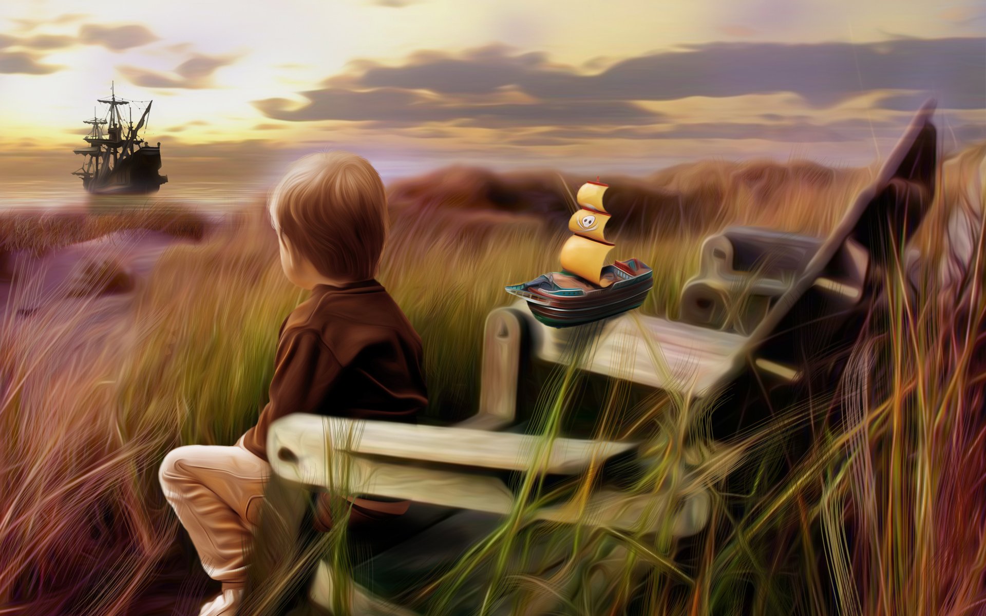 children, Bench, Plants, Toy, Sailing ship, Sea, Sky, Painting, Imagination Wallpaper