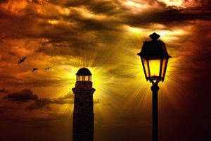 lighthouse, Street light, Sunset, Birds, Sky, Silhouette, Photo manipulation