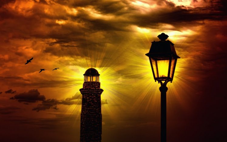 lighthouse, Street light, Sunset, Birds, Sky, Silhouette, Photo manipulation HD Wallpaper Desktop Background