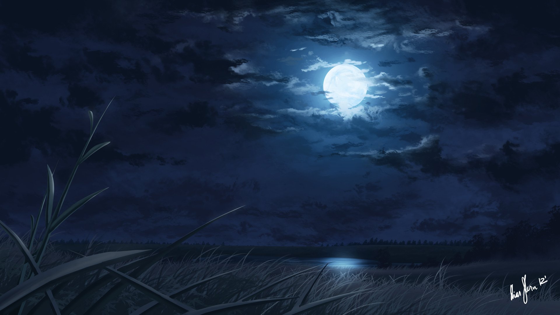 night, Moon, Moonlight, Lake, Reeds, Landscape, Digital art Wallpaper