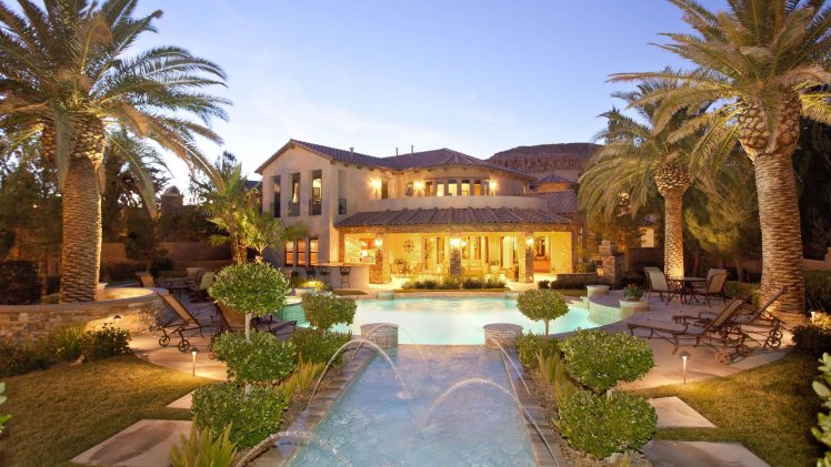 house, Backyard, Swimming pool, Palm trees, San Alivia, Las Vegas HD Wallpaper Desktop Background