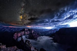 nature, Landscape, Grand Canyon, Canyon, USA, Night, Clouds, Stars, Milky Way, Mountains, Mist, Inversion, Starry night