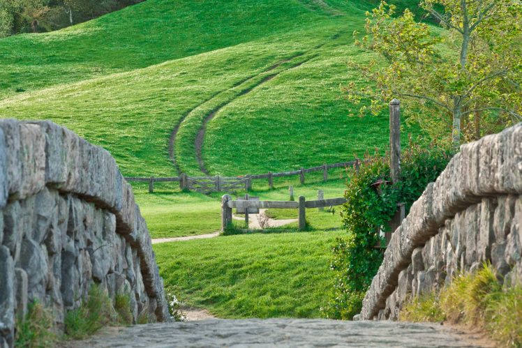 nature, Landscape, Hobbiton, New Zealand, Stones, Dirt road, Hills, Field, Grass, Trees, Fence, Plants HD Wallpaper Desktop Background