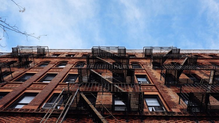 architecture, Building, Old building, Ladders, Worms eye view, Clouds, Branch, Window, Bricks, New York City, USA, Brooklyn HD Wallpaper Desktop Background