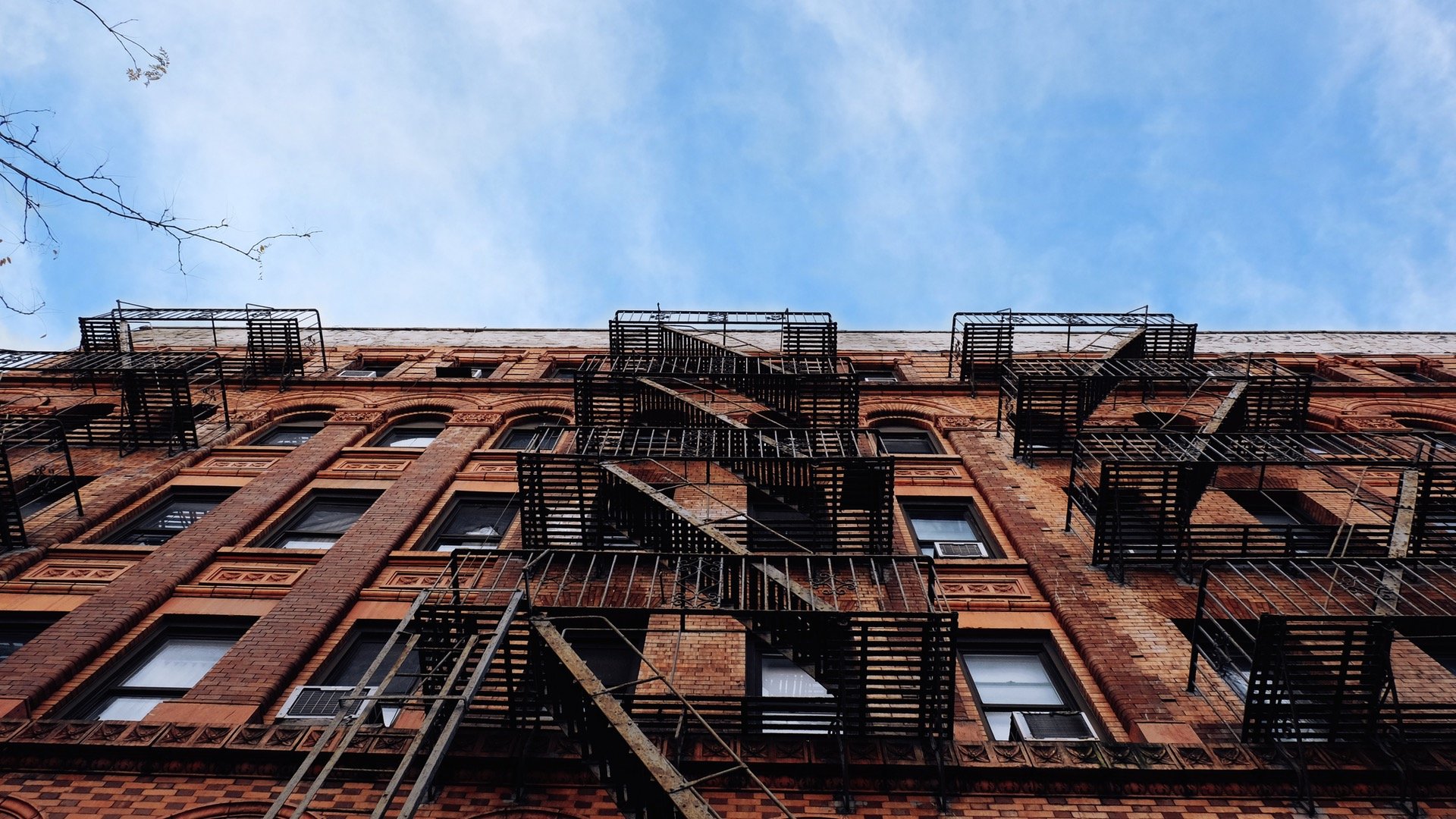 architecture, Building, Old building, Ladders, Worms eye view, Clouds, Branch, Window, Bricks, New York City, USA, Brooklyn Wallpaper