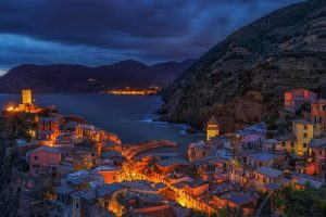 architecture, Building, Old building, Vernazza, Italy, Village, Cliff, Mountains, Sea, Clouds, Evening, Lights, House, Coast