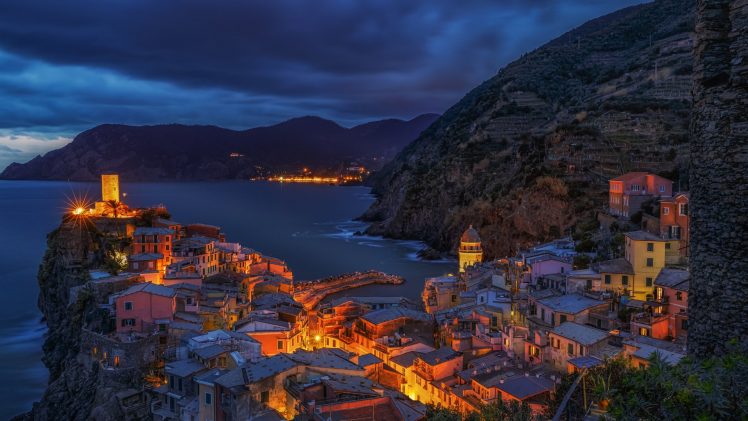 architecture, Building, Old building, Vernazza, Italy, Village, Cliff, Mountains, Sea, Clouds, Evening, Lights, House, Coast HD Wallpaper Desktop Background