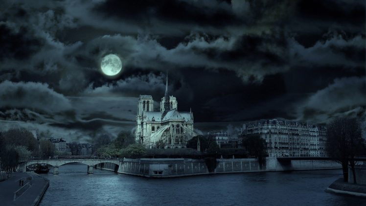 church, Night, Moon, Moonlight, River, Cityscape, Paris, France, Notre dame, Photo manipulation HD Wallpaper Desktop Background