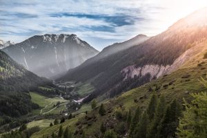 nature, Landscape, Switzerland, Mountains, Sunrise, Pine trees, Forest, Valley, Sun rays, Clouds