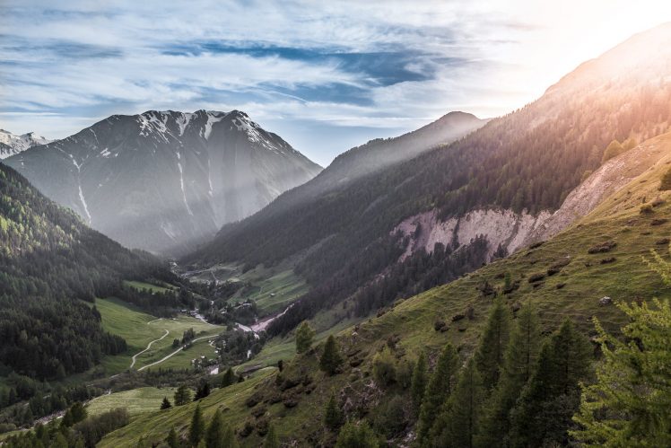 nature, Landscape, Switzerland, Mountains, Sunrise, Pine trees, Forest, Valley, Sun rays, Clouds HD Wallpaper Desktop Background