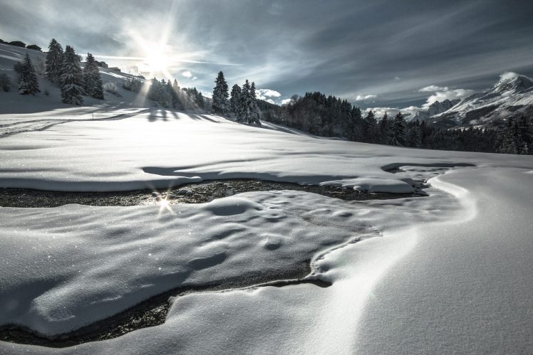 nature, Landscape, Winter, Frost, Clouds, Switzerland, Graubünden, River, Trees HD Wallpaper Desktop Background