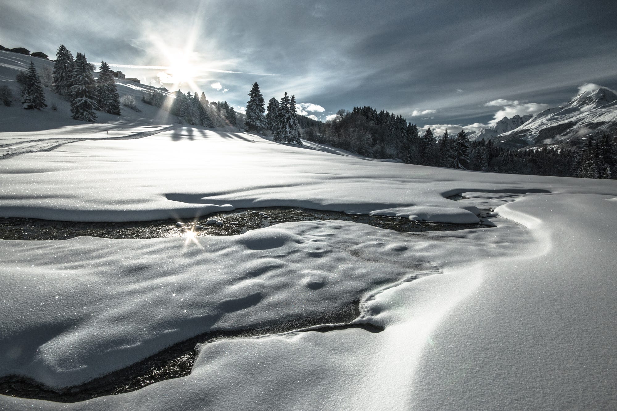 nature, Landscape, Winter, Frost, Clouds, Switzerland, Graubünden, River, Trees Wallpaper