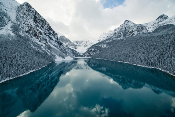 nature, Landscape, Winter, Lake Louise, Canada, Mountains, Lake, Reflection, Clouds HD Wallpaper Desktop Background