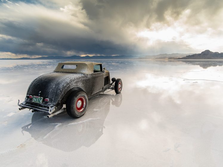 landscape, Car, Reflection, Mountains, Hot Rod, Salt lakes HD Wallpaper Desktop Background