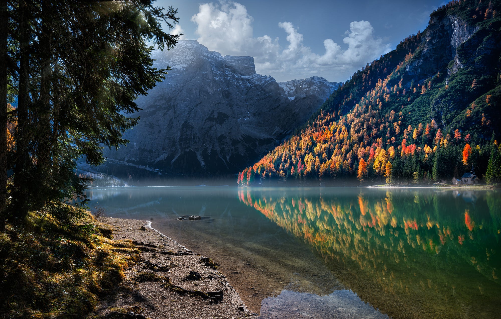 landscape, Nature, Italy, Trees, Forest, Lake, Reflection, Mountains, Clouds Wallpaper