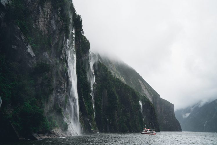 nature, Landscape, Mountains, Water, Rocks, Boat, Mist, River, Clouds, New Zealand, Waves HD Wallpaper Desktop Background