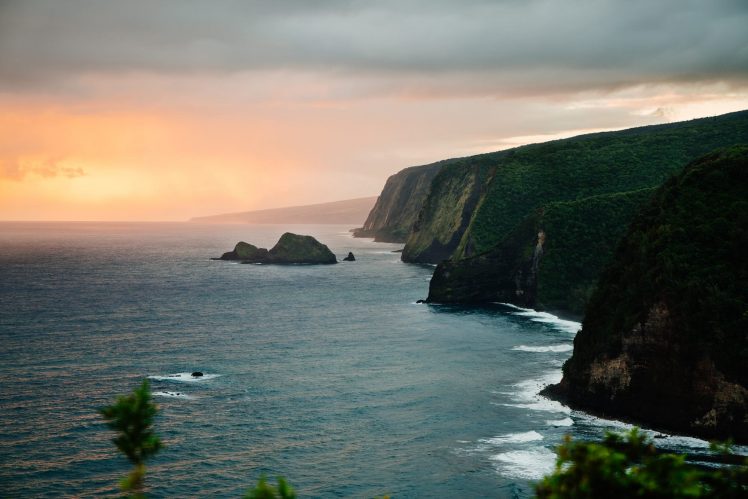 nature, Landscape, Mountains, Water, Rocks, Hawaii, Sunset, Waves HD Wallpaper Desktop Background