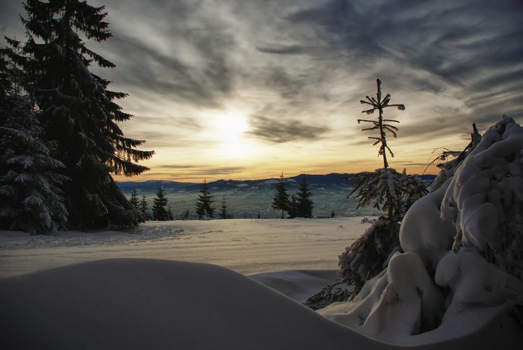 frost, Clouds, Trees, Sunset, Snow, Mountains, Horizon HD Wallpaper Desktop Background
