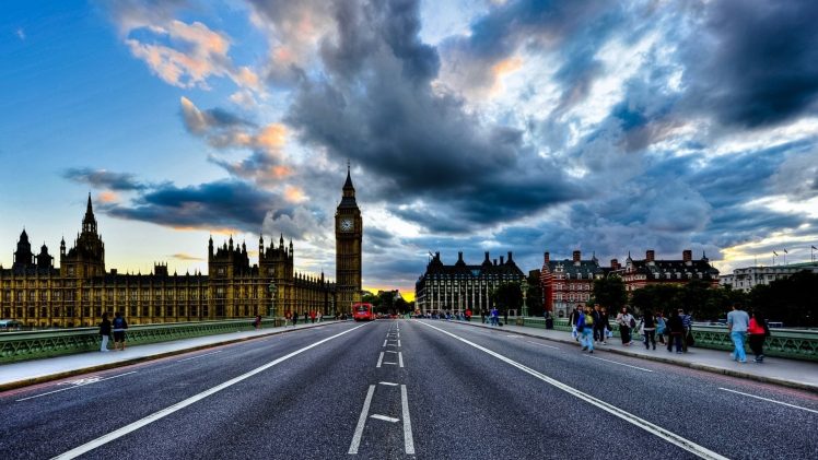 London, UK, Road, Bridge, Big Ben, Cityscape, Clouds, Sky, Westminster HD Wallpaper Desktop Background