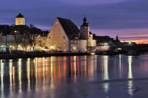 Germany, Bavaria, River, Reflection, Lights, Evening, Regensburg