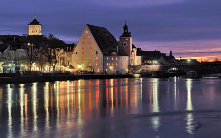 Germany, Bavaria, River, Reflection, Lights, Evening, Regensburg HD Wallpaper Desktop Background