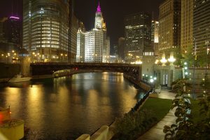 Chicago, Illinois, Cityscape, Water, Reflection, Street light, Night