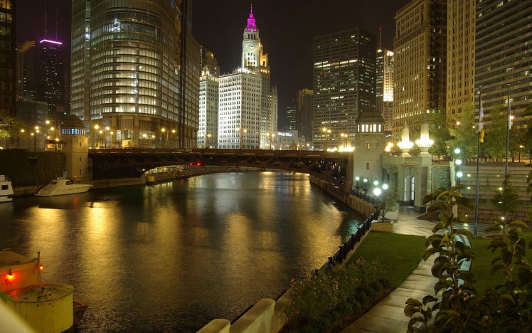 Chicago, Illinois, Cityscape, Water, Reflection, Street light, Night HD Wallpaper Desktop Background