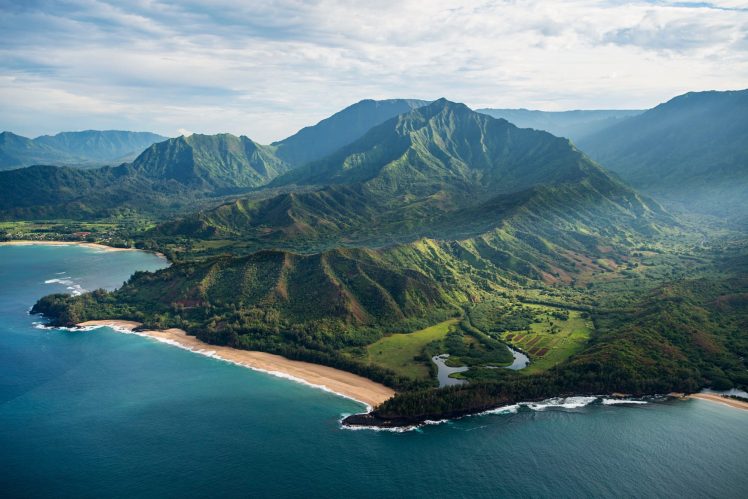 nature, Hawaii, Landscape, Mountains, Clouds, Water, Aerial view, Birds eye view, Jurassic Park HD Wallpaper Desktop Background