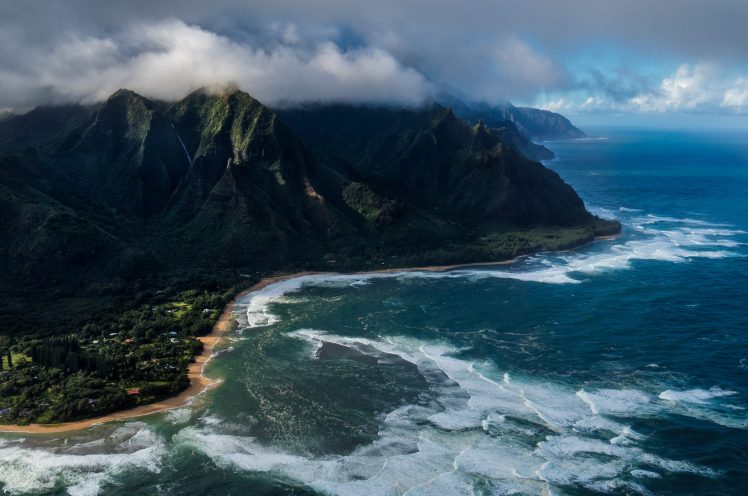 nature, Hawaii, Landscape, Mountains, Clouds, Water, Aerial view, Birds eye view, Waves HD Wallpaper Desktop Background