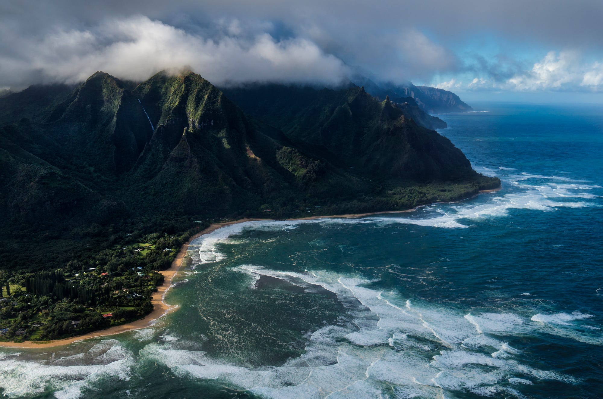 nature, Hawaii, Landscape, Mountains, Clouds, Water, Aerial view, Birds eye view, Waves Wallpaper