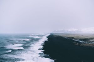 landscape, Waves, Mist, Field, Sea, Black sand