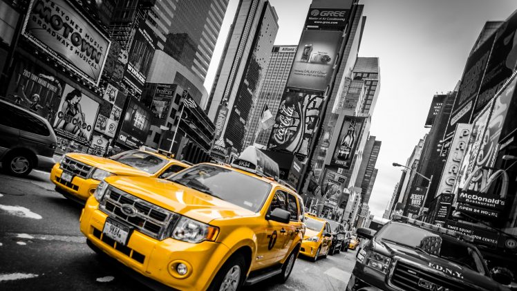 New York City, Taxi, Selective coloring, USA HD Wallpaper Desktop Background