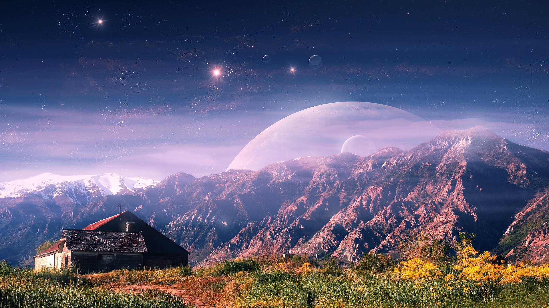 house, Field, Mountains, Sky, Planet, Landscape, Digital art Wallpaper