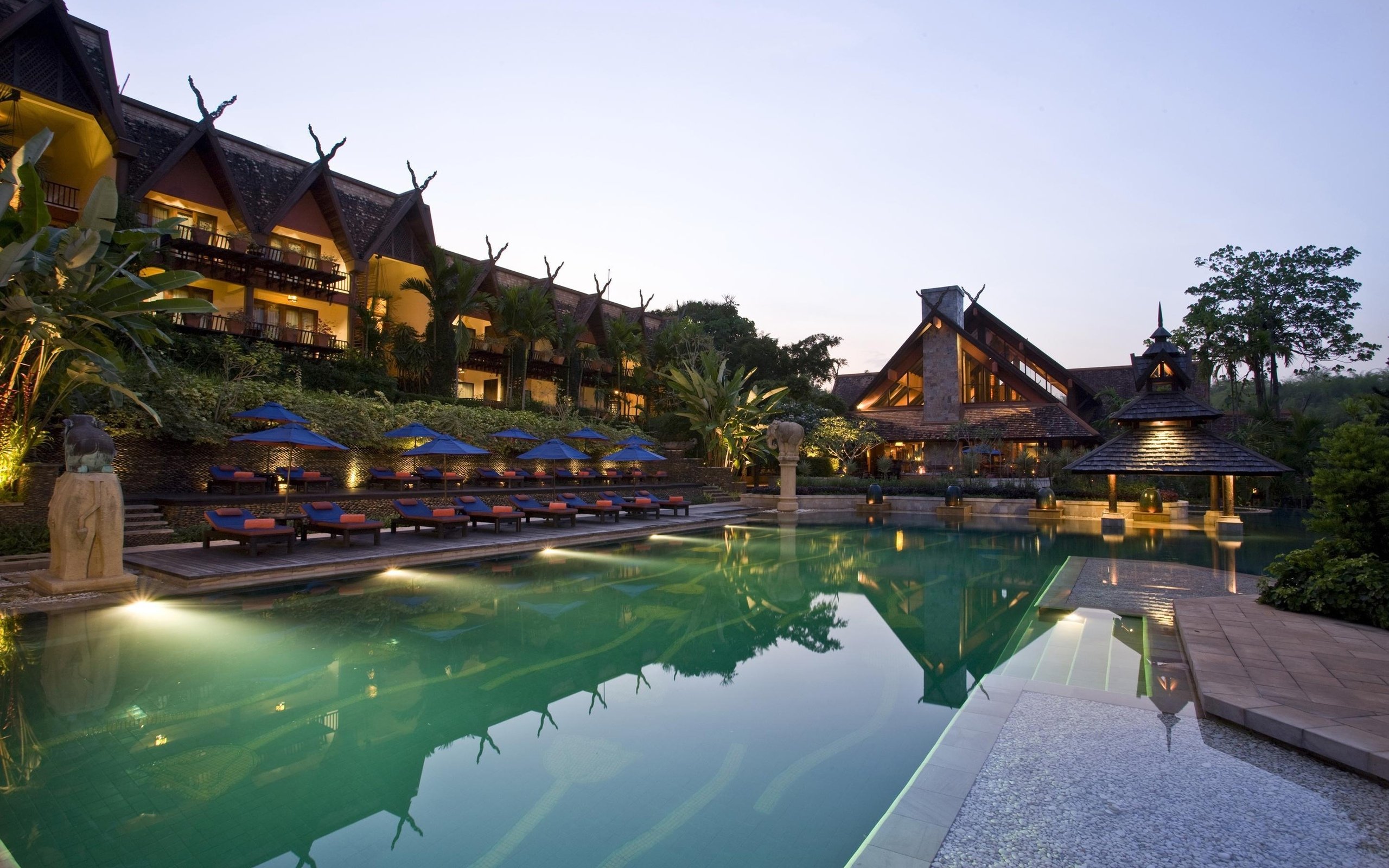 house, Swimming pool, Reflection, Summer, Resort, Evening, Vacation Wallpaper