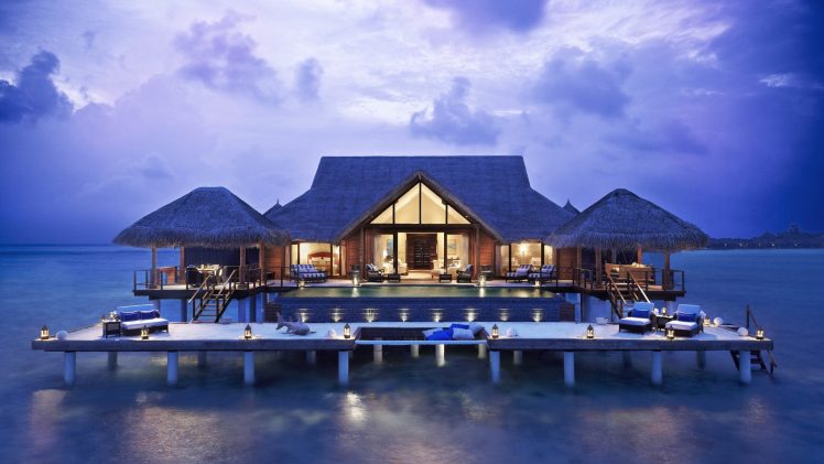 bungalow, Interior, Lights, Swimming pool, Piles, Sea, Sky, Tropical Vacation HD Wallpaper Desktop Background