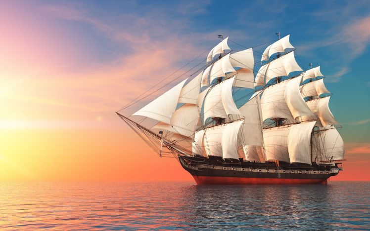 sailing ship, Sea, Sunset, Retouching HD Wallpaper Desktop Background