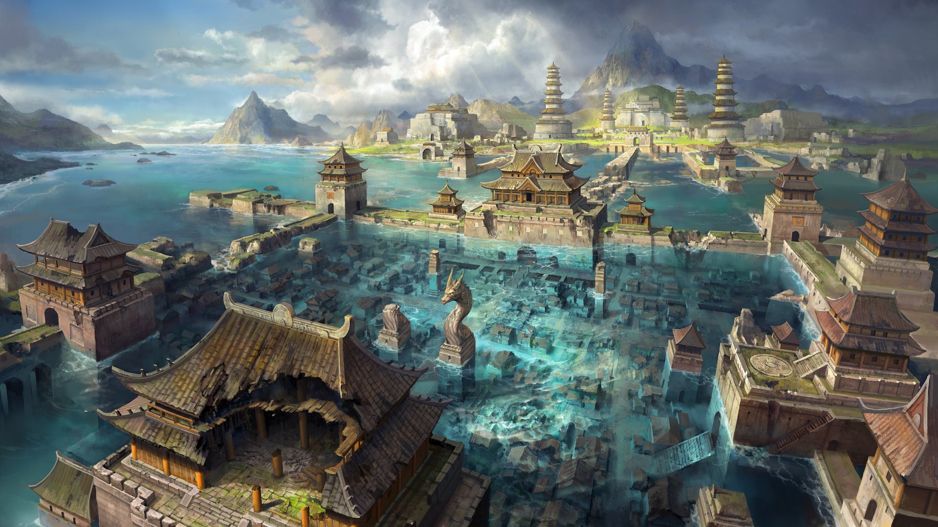 Asia, Town, Flood, Panorama, Digital art Wallpaper