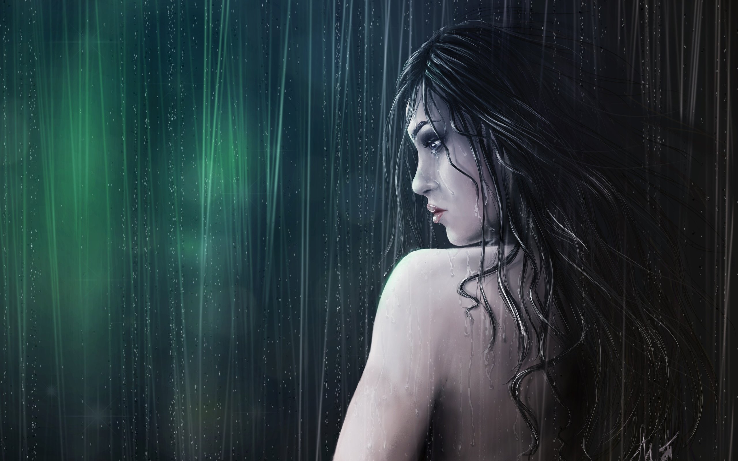 women, Bare shoulders, Tears, Rain, Artwork, Digital art Wallpaper