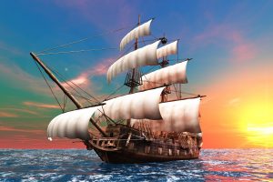 sailing ship, Sea, Sunset, Retouching, Digital art