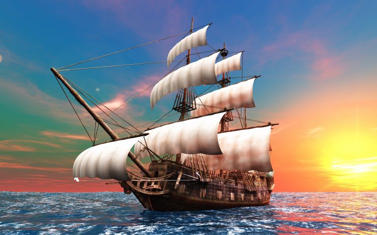 sailing ship, Sea, Sunset, Retouching, Digital art HD Wallpaper Desktop Background