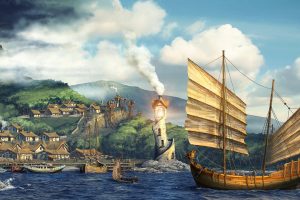 sailing ship, Lighthouse, Boat, Town, Digital art, The Elder Scrolls III: Morrowind