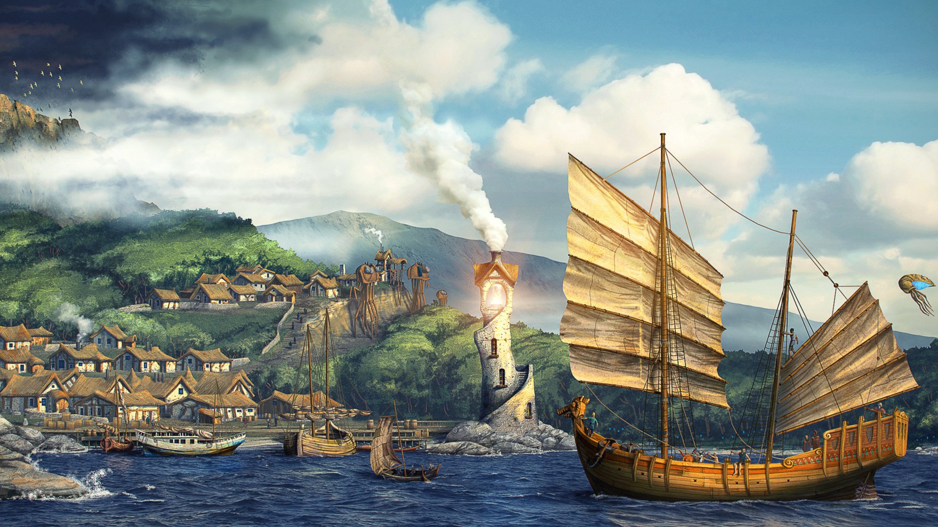 sailing ship, Lighthouse, Boat, Town, Digital art, The Elder Scrolls III: Morrowind Wallpaper