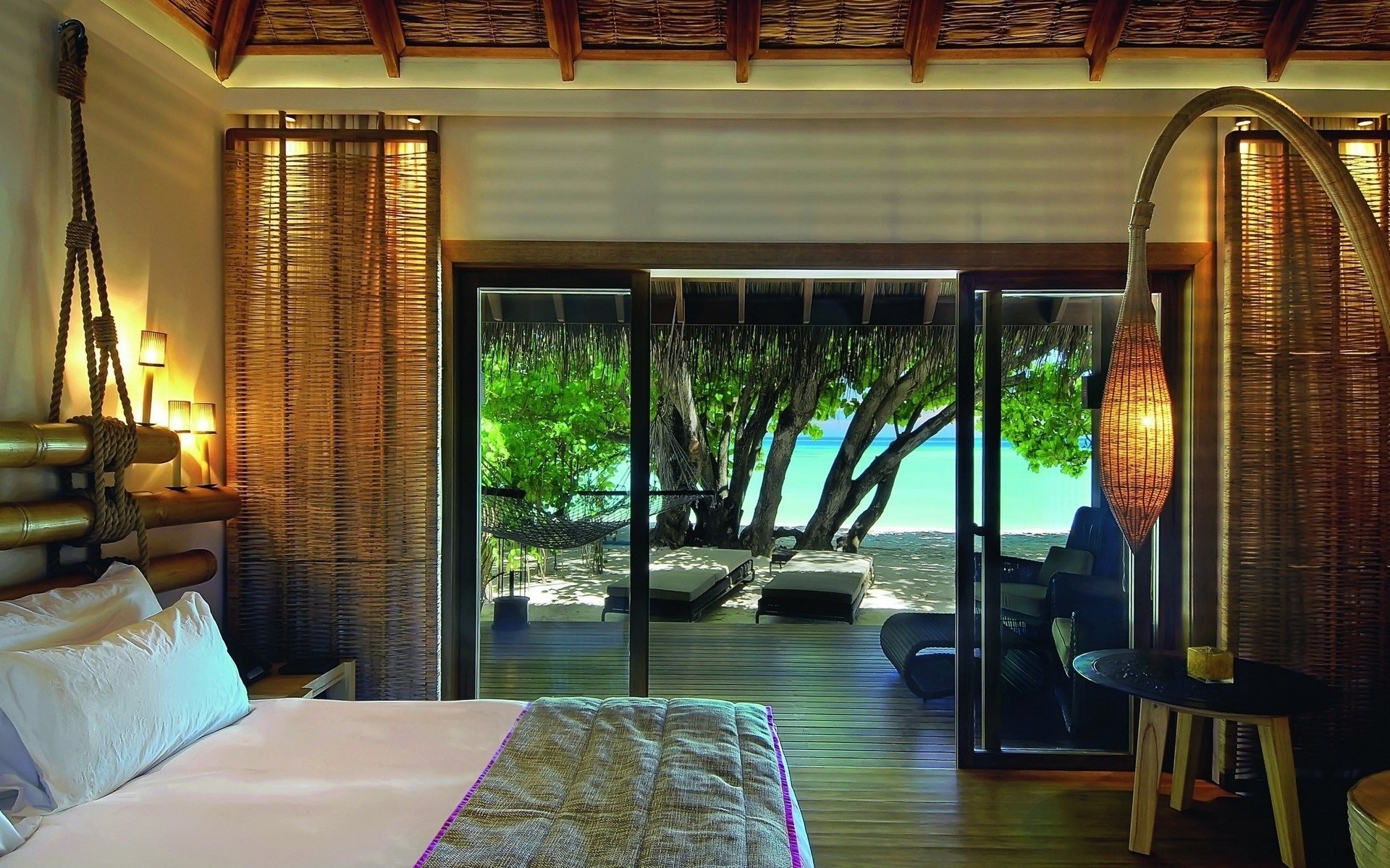 room, Trees, Bed, Interior, Resort, Beach, Bora Bora Wallpaper
