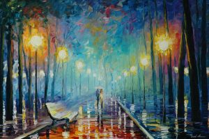 lovers, Rain, Umbrella, Trees, Street light, Painting