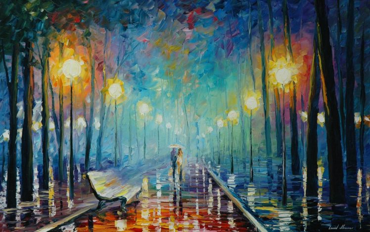 lovers, Rain, Umbrella, Trees, Street light, Painting HD Wallpaper Desktop Background