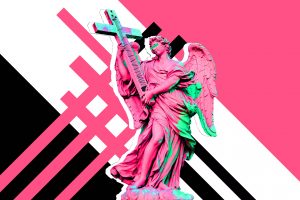angel, Guitar, Musical instrument, Pink, Digital art, Statue
