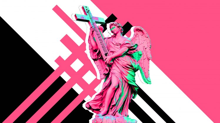 angel, Guitar, Musical instrument, Pink, Digital art, Statue HD Wallpaper Desktop Background