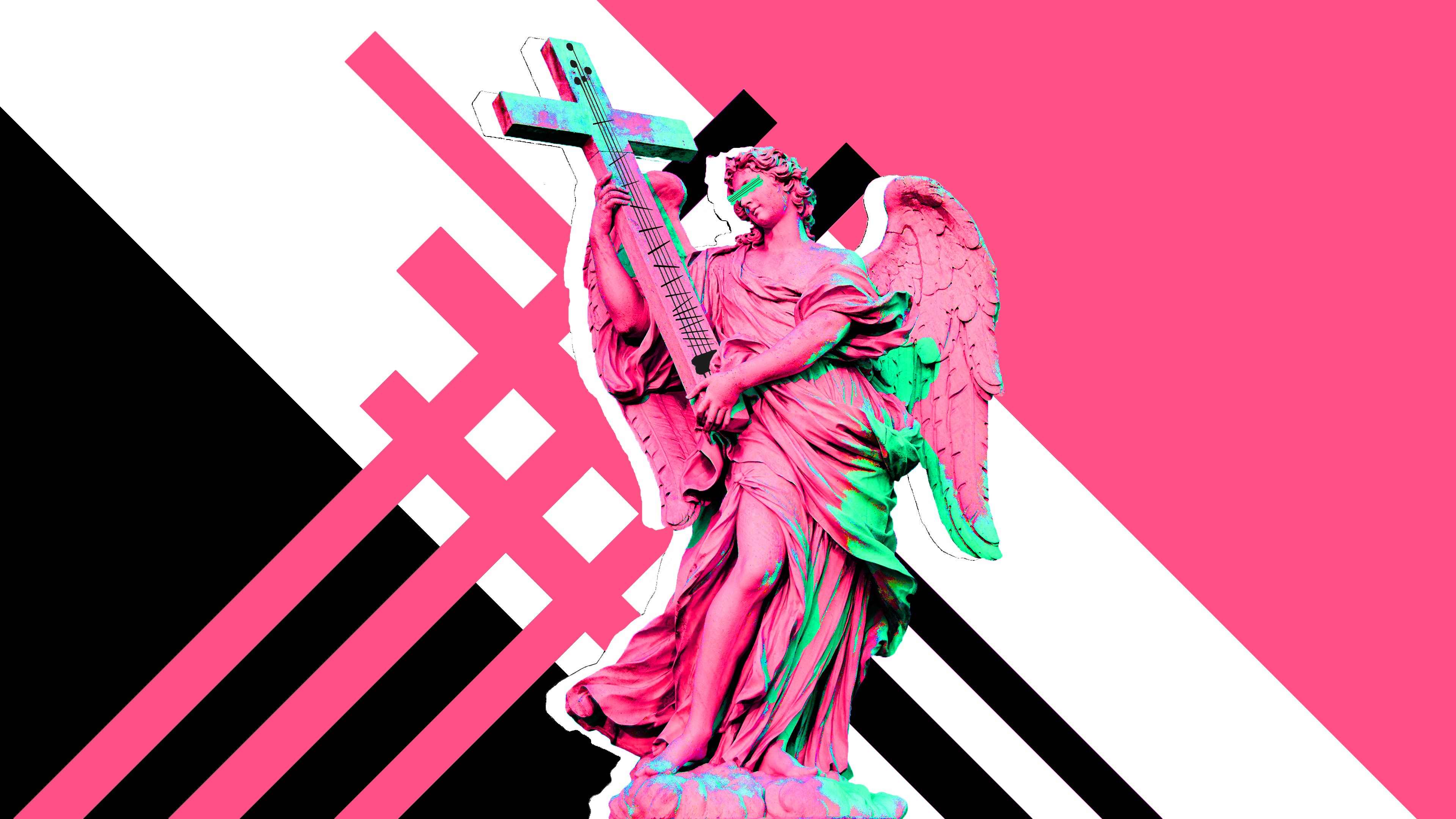 angel, Guitar, Musical instrument, Pink, Digital art, Statue Wallpaper
