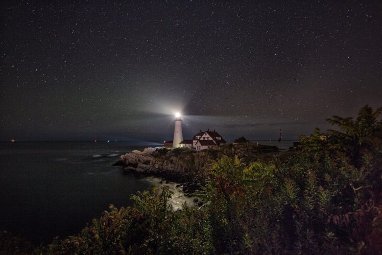 night, Shore, Lighthouse, Sea HD Wallpaper Desktop Background