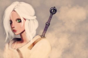 Cirilla Fiona Elen Riannon, Women, White hair, Green eyes, The Witcher, Ciri, Sword, Artwork, Video games